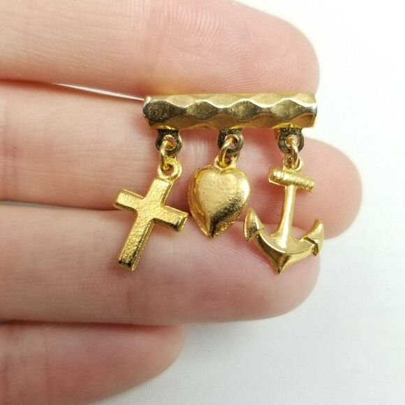 Vintage Anchor Heart Cross Charm Brooch, Gold Tone, Faith Hope Love, Religious - Picture 2 of 8